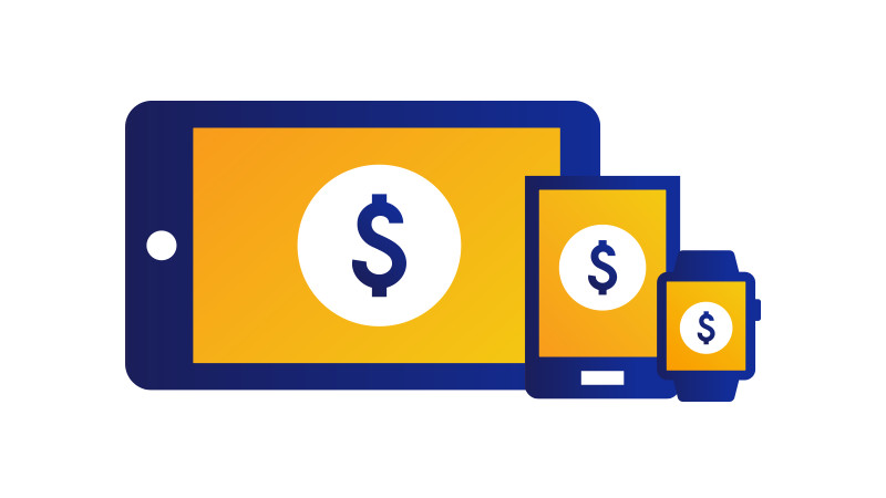 2 tablets with dollar sign on the screen and a watch with a dollar sign on its face.