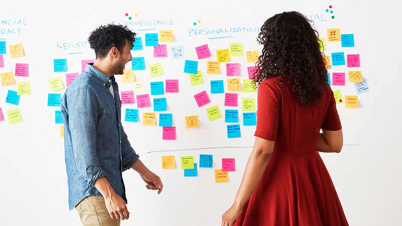 A pair of Visa employees review a white board full of sticky notes.